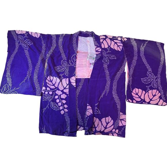 Japanese Kimono Yukata Robe Floral Womens One Size Purple Pink Asian Wide Sleeve - Picture 1 of 12